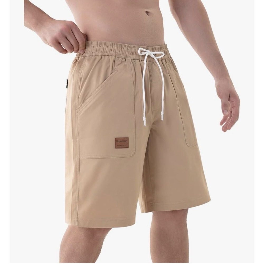 MagnaMan Mens Khaki Drawstring Shorts Large NWT Moisture Wicking Stretch